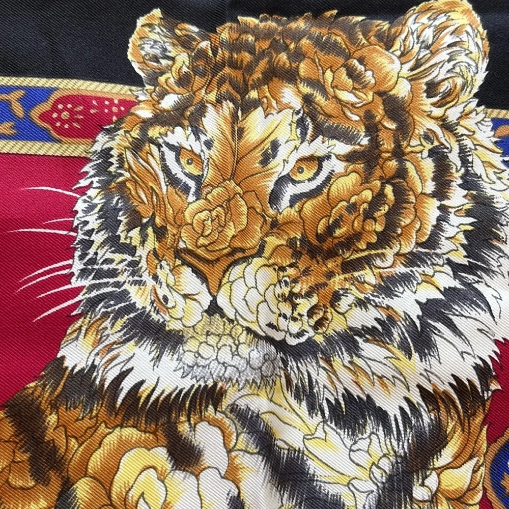 SALVATORE FERRAGAMO VINTAGE Silk Scarf Tigers Chinoiserie Asian Designer WOW!